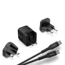 Travel Charger Energizer Universal Converter US EU UK, USB-C Port 20W USB-C/USB-C Cable Black