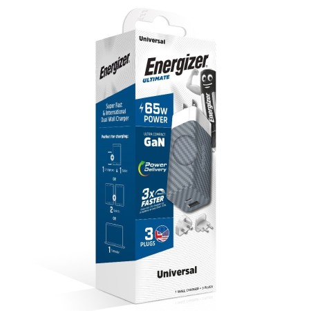 Energizer Travel Charger A65MU PD65W Quick Charge 1 x USB-C 1 x USB-A with Detachable Plug EU / UK / US Silver