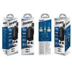 Energizer A65MUC Travel Charger with USB-C to USB-C PD65W Cable and USB-C USB-A Output with Detachable Plug EU / UK / US Black