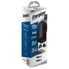 Energizer A65MUC Travel Charger with USB-C to USB-C PD65W Cable and USB-C USB-A Output with Detachable Plug EU / UK / US Black