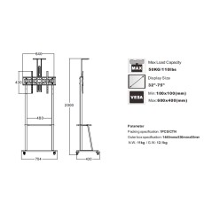 Wheeled TV Flor Stand Noozy Y800  for 32'' - 75'' VESA from 100x100mm to 600x400mm. Maximum weight capacity 50kg