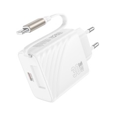 Hoco N58 Travel Charger 30W with 1xUSB-C port and 1xUSB-C Retractable Cable 65cm White