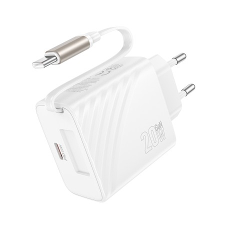 Hoco N57 Travel Charger 20W with 1xUSB-C port and 1xUSB-C Retractable Cable 65cm White