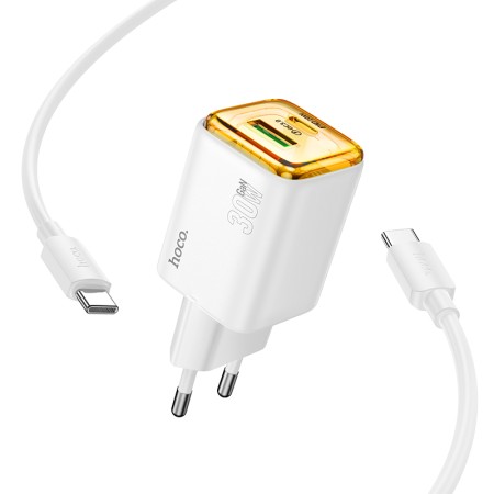 Hoco N53 Monsoon Charger with 1xUSB-C 30W and 1xUSB-A 30W + Charging Cable USB-C to USB-C 1m White
