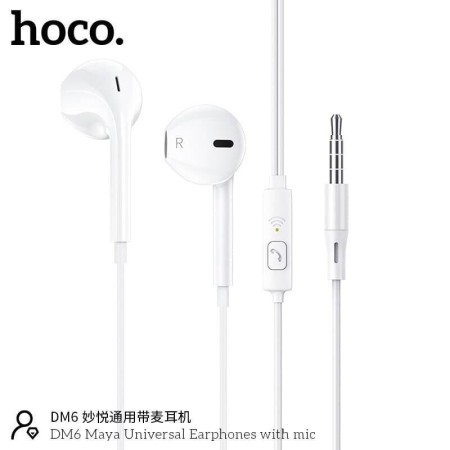 Hands Free Hoco DM6 Maya Earphones Stereo 3.5mm with Microphone and Operation Control Button White