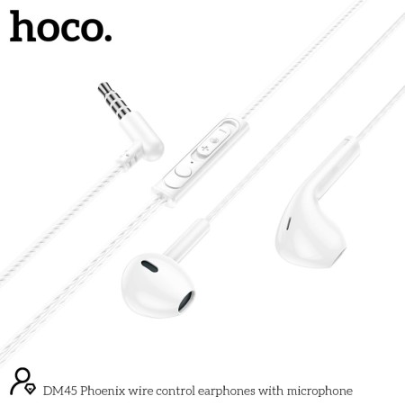 Hands Free Hoco DM45 Phoenix Earphones Stereo 3.5mm with Microphone and Operation Control Button White