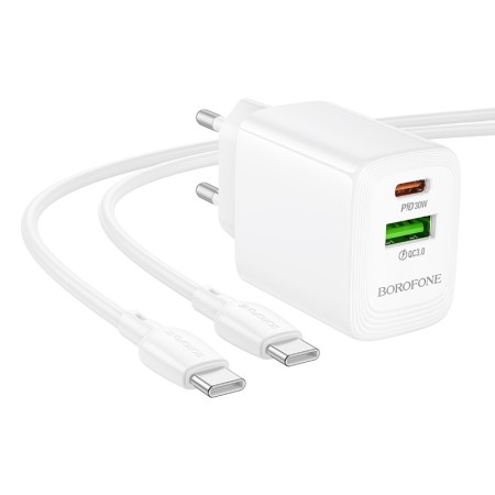 Travel Charger Borofone BN29 Fuente USB-C 30W + Charging Cable USB-C to USB-C White