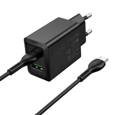 Travel Charger Hoco N71 Nuevo Dual Port GaN PD30W QC3.0A 1xUSB-C and 1xUSB-A Black + Cable Type-C to Type-C Black 1m