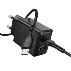Travel Charger Hoco N71 Nuevo Dual Port GaN PD30W QC3.0A 1xUSB-C and 1xUSB-A Black + Cable Type-C to Type-C Black 1m