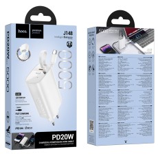 Power Bank Hoco J148 Handy 5000mAh PD20W QC3.0A Charger with 1xUSB-C Port and 1xUSB-C Cacle White