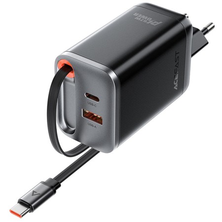 Travel Charger Acefast A111 Fast Charging USB-C and USB-A PD67W QC3.0 GaN and Retractable USB-C Cable 0.65m Black