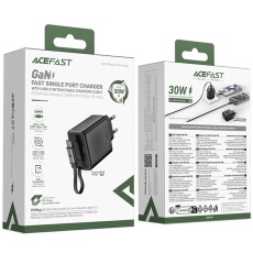 Travel Charger Acefast A110 Fast Charging USB-C PD30W QC3.0 GaN and Retractable USB-C Cable 0.64m Black