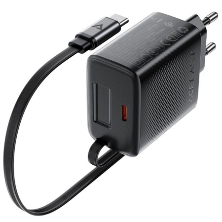 Travel Charger Acefast A110 Fast Charging USB-C PD30W QC3.0 GaN and Retractable USB-C Cable 0.64m Black