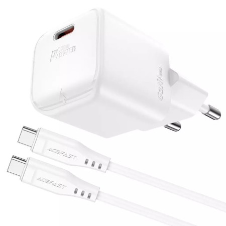 Travel Charger Acefast A77 Mini Fast Charging 1xUSB-C PD30W QC3.0 GaN White + USB-C to USB-C Cable