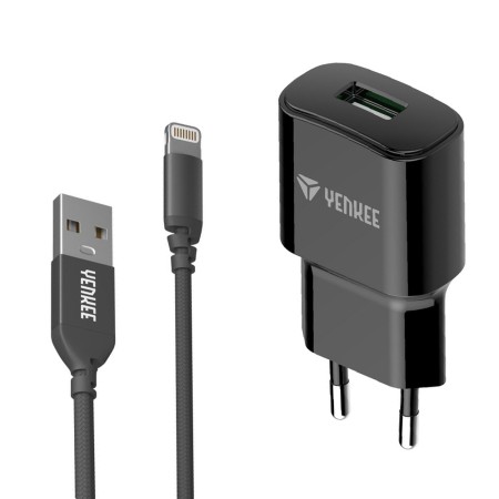 Travel Charger Yenkee YAC 4600 12W USB-A 5V/2.4 A with USB-A to Lightning 2.4A Apple Certified MFi Cable Braided Black 1m