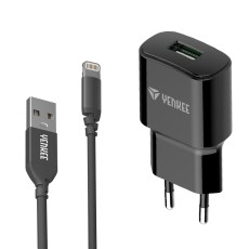 Travel Charger Yenkee YAC 4600 12W USB-A 5V/2.4 A with USB-A to Lightning 2.4A Apple Certified MFi Cable Braided Black 1m