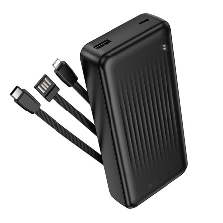Power Bank Borofone BJ79A 20000mAh with 3 Output Cables USB-C, USB-A, Lightning and LED Battery Indicator Black