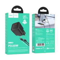 Travel Charger Hoco N64 Ingenious Single Port GaN PD20W USB-C 5V 3.0A + USB-C to USB-C Cable 1m Black