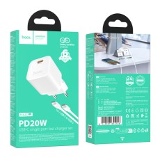 Travel Charger Hoco N64 Ingenious Single Port GaN PD20W USB-C 5V 3.0A + USB-C to USB-C Cable 1m White