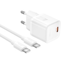 Travel Charger Hoco N64 Ingenious Single Port GaN PD20W USB-C 5V 3.0A + USB-C to USB-C Cable 1m White