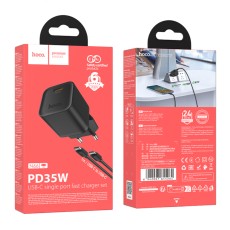 Travel Charger Hoco N66 Ingenious Single Port GaN PD35W USB-C 5V 3.0A + USB-C to USB-C Cable 1m Black