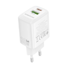 Travel Charger Borofone BN29 Fuente GaN 1xUSB-C PD30W and 1xUSB-A QC3.0A White