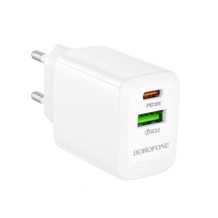 Travel Charger Borofone BN29 Fuente GaN 1xUSB-C PD30W and 1xUSB-A QC3.0A White