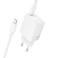 Travel Charger Borofone BN26 Fuente Mini Size GaN USB-C PD20W + Charging Cable USB-C to Lightning White