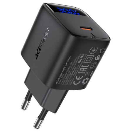 Travel Charger Acefast A115 Fast Charging USB-C PD30W 3.0A GaN with LED Digital Display Black
