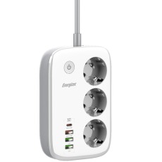 Desktop Charger Energizer EPB2500W02EU 2500W 10A Max with 3xSuko Sockets + 1xUSB-C PD30W + 3xUSB-A 18W QC3.0 / 2.4A, Safety On/Off Switch and WiFi Control Cable 2m White