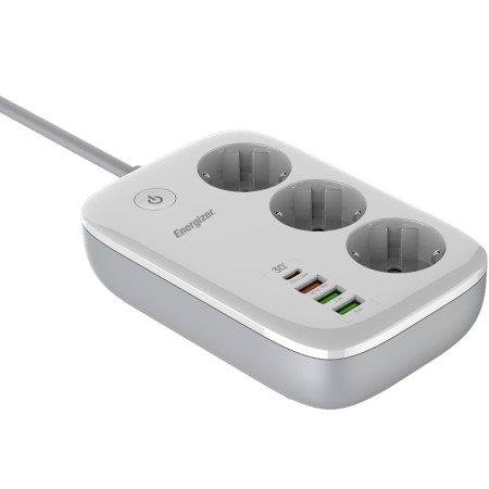 Desktop Charger Energizer EPB2500W02EU 2500W 10A Max with 3xSuko Sockets + 1xUSB-C PD30W + 3xUSB-A 18W QC3.0 / 2.4A, Safety On/Off Switch and WiFi Control Cable 2m White