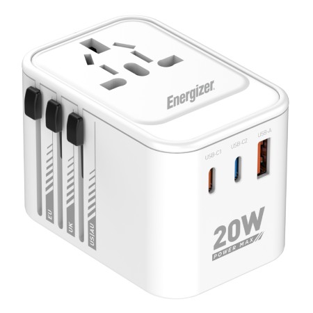 International Adapter Charger Energizer ETC200 US/AU UK EU with 1xUSB-A 18W 2xUSB-C 20W/12W White