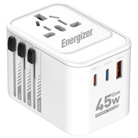 International Adapter Charger Energizer ETC200 US/AU UK EU with 1xUSB-A 30W 2xUSB-C 45W/12W GaN White
