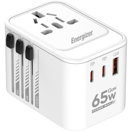 International Adapter Charger Energizer ETC650 US/AU UK EU with 1xUSB-A QC 30W 2xUSB-C PD65W GaN White