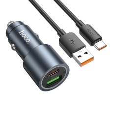 Car Charger Hoco Z60 Bloom PD48W+QC3.0 1xUSB-C 1xUSB-A with Lighting Alluminum Alloy + USB-A to USB-C Cable Black