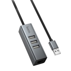 USB Hub Hoco HB1D 4-in-1 USB-A to 3xUSB-A 2.0 + RJ45 up to 480Mbps Aluminum Alloy Grey